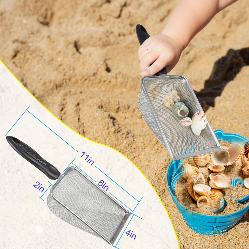 Beach Sand Sifter, 2 Beach Sifting Sand Telescoping Pole Sets with Scoops, Baskets, Mesh Bag, for Picking Up Shells Shovels Shark Teeth