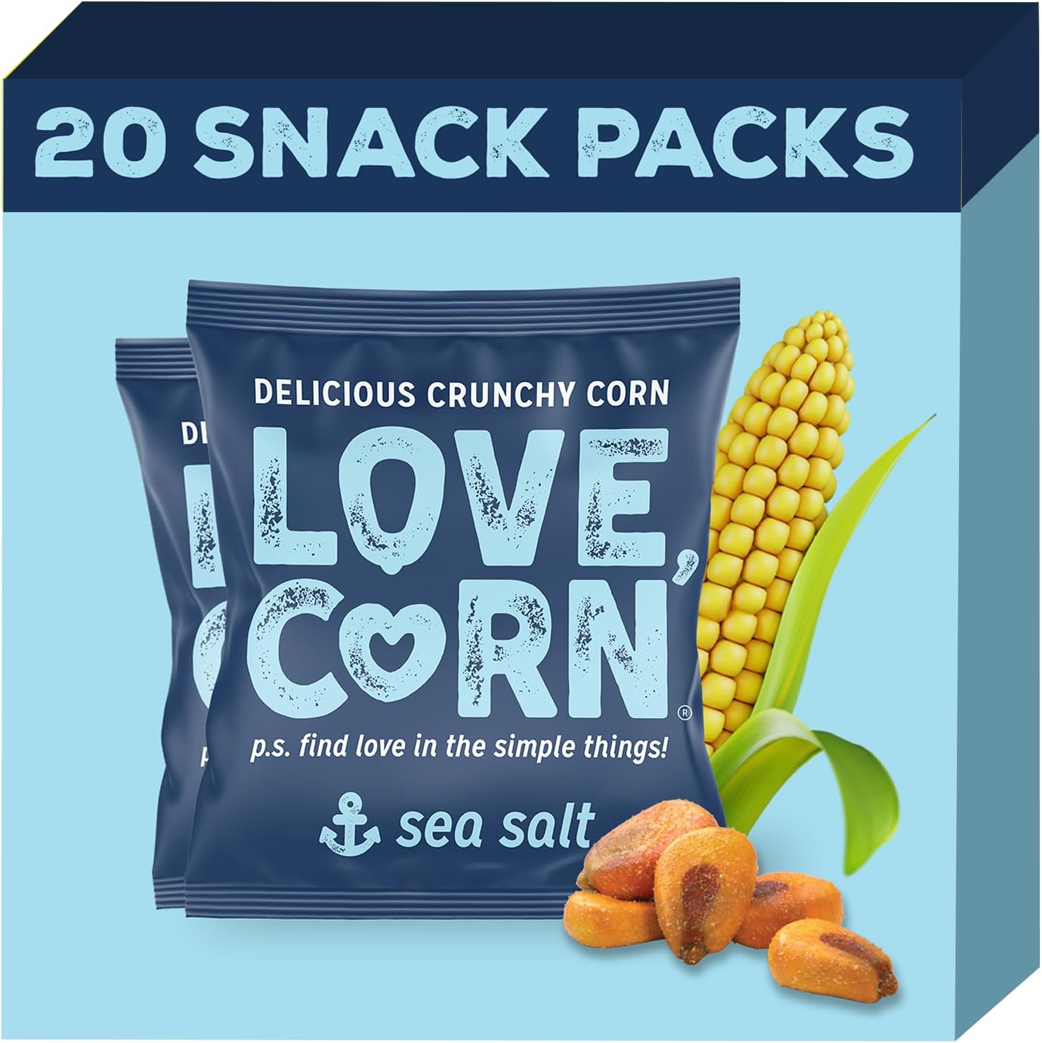 LOVE CORN Sea Salt – Crunchy Roasted Corn Snack, 3 Simple Ingredients, Gluten Free, Non-GMO, Vegan – Alternative to Chips, Nuts & Crackers – Lunchbox, Office & On-the-Go Snacks – 0.7oz × 20 Bags