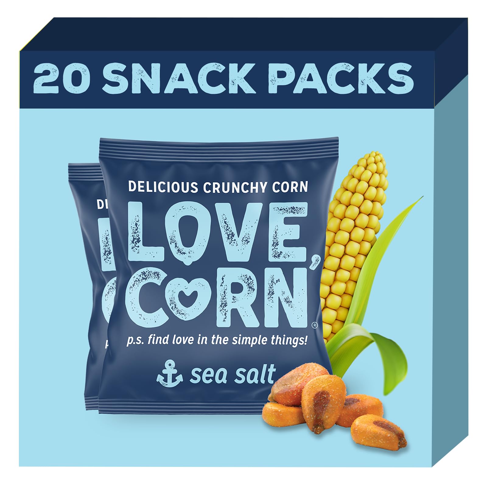 LOVE CORN Sea Salt | Delicious Crunchy Corn Snacks | .07oz x 20 Gluten Free, Vegan Bags | Convenient for Lunch Boxes, Commuting & Office Snacks