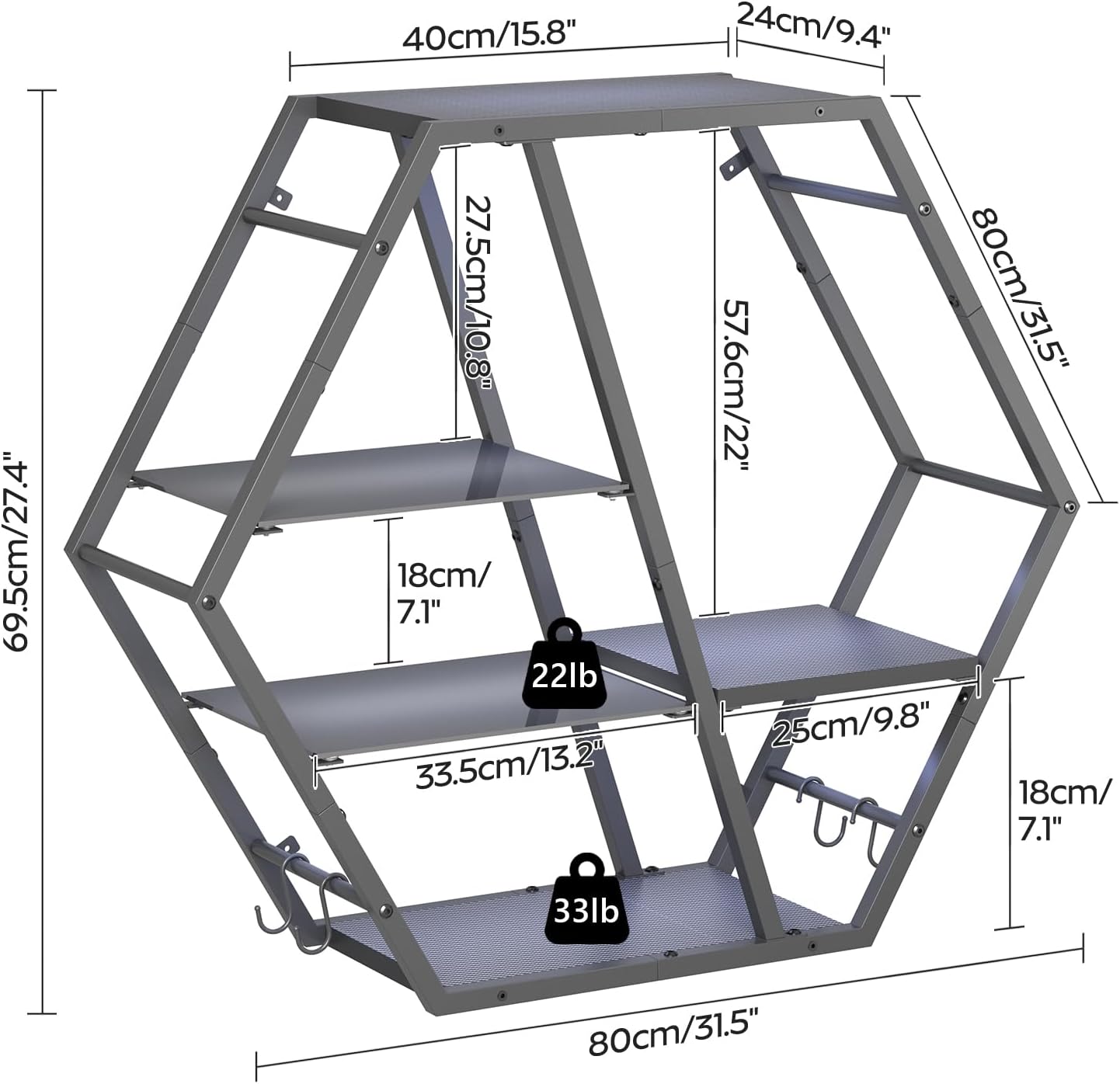 Diagram showing the dimensions and four-tier layout of the MAHANCRIS hexagonal floating shelf.