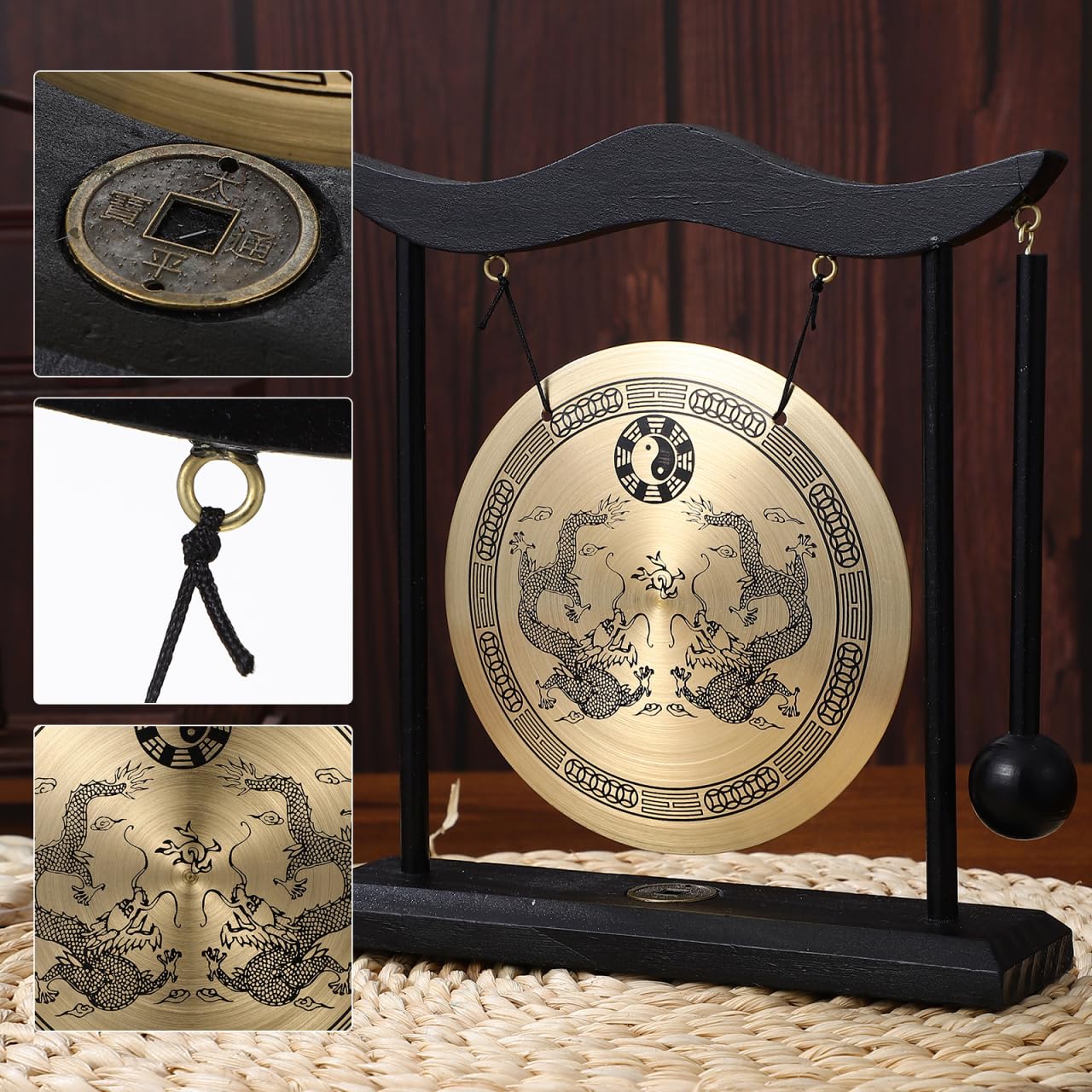 Vaguelly Gong con soporte de madera, pequeña mesa decorativa, timbre de gong, diseño de dragón, instrumento de percusión chino, decoración para el hogar, la oficina