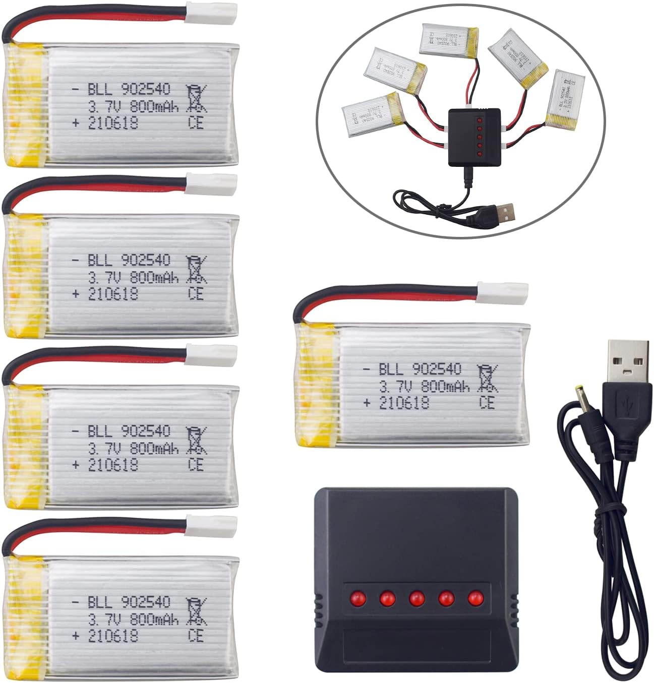 5PCS 3.7V 800mAh Lithium Battery with 5-in-1 Charger for SYMA X5C X5C-1 X5 X5SC X5SW H5C V931 S5C S5W SS40 FQ36 T32 T5W H42 CW4 Remote Control Drone