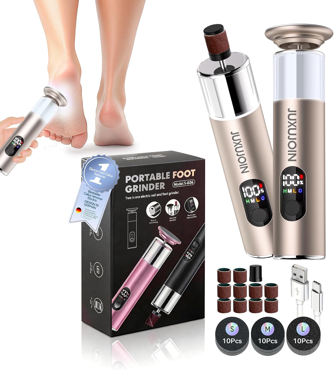 Electric Foot Callus Remover,Rechargeable Electric Callus Remover for Feet【Variable 3-Speed & LED Light】【Removes 99.92% of Calluses】 Portable Foot File Pedicure Kits with 30 Grit Pads-Gold