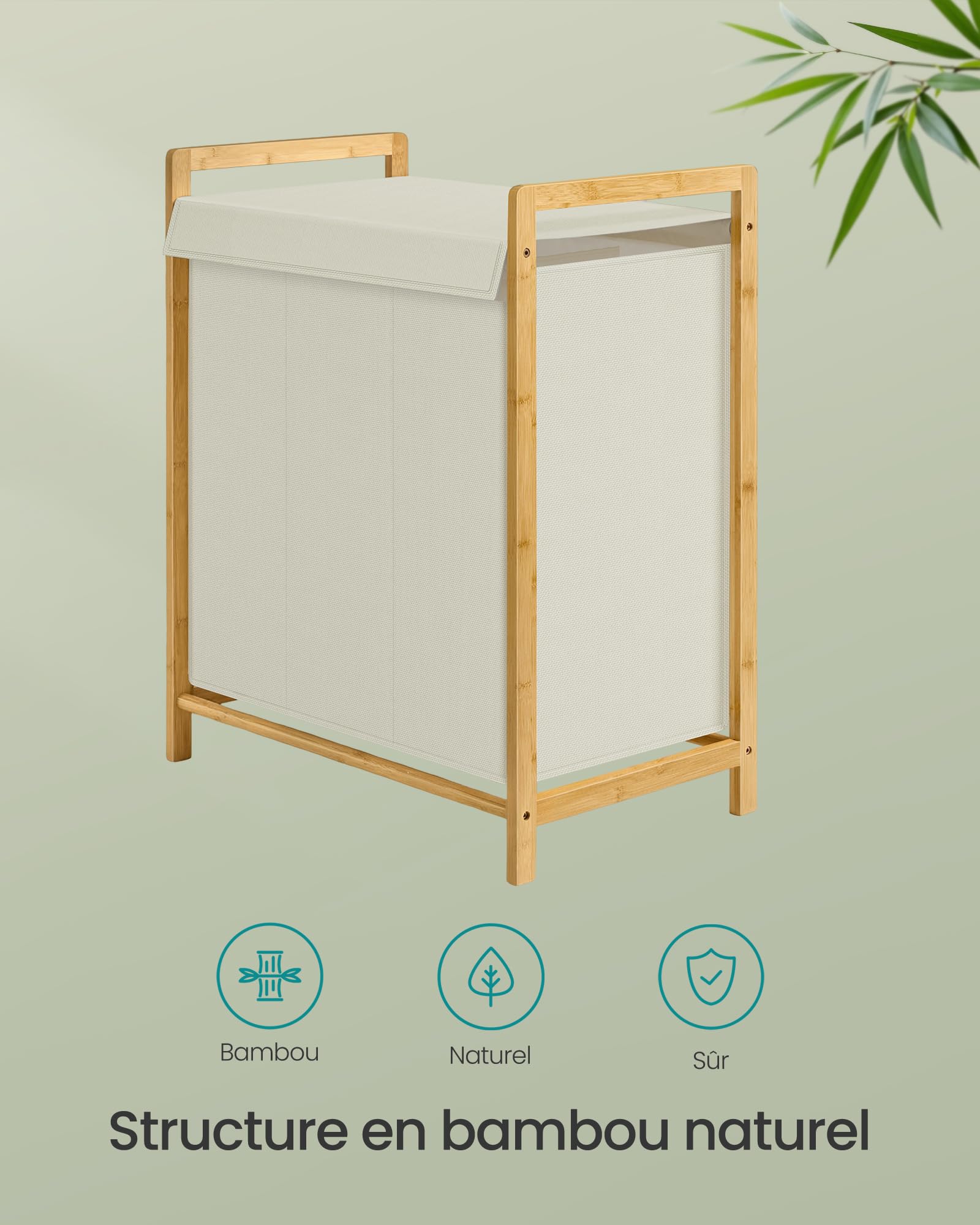 SONGMICS Panier à Linge 3 Compartiments, Corbeille à Linge Sale, Structure en Bambou, Couvercle Renforcé et Amovible, Sac Amovible, 150 L, Blanc Crème RLH103WD01