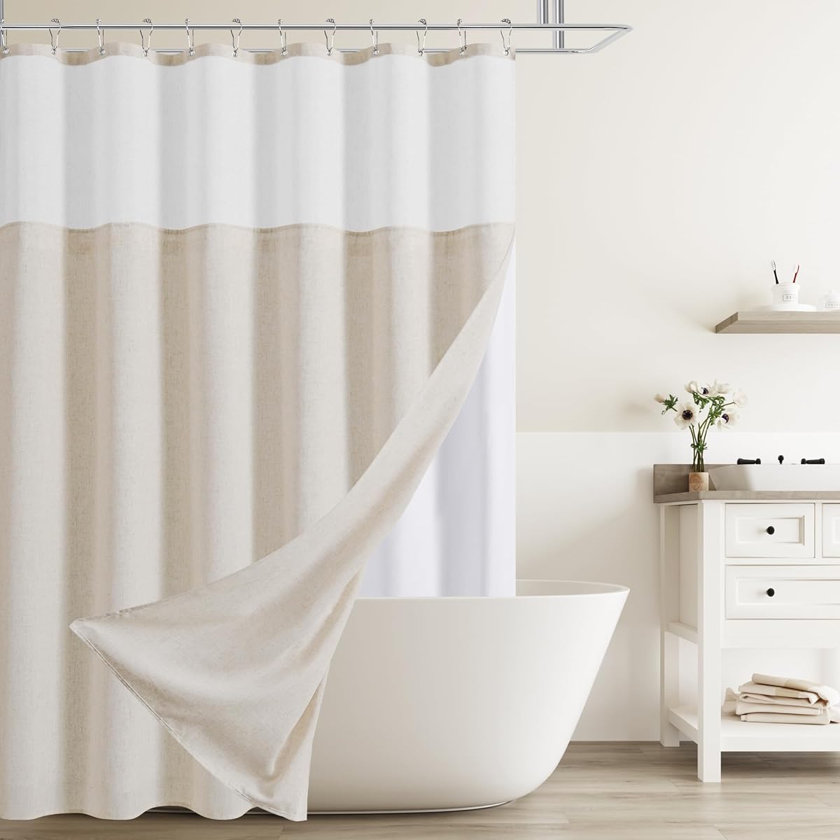 Naturoom Linen Shower Curtain 72 Inches for Bathroom Beige Double Layer | Natural Ivory Cream, Curtains with Hook, Snap in Liner, Water Repellent, Boho Farmhouse, Modern Bath Decor, 1 Panel, 72x72