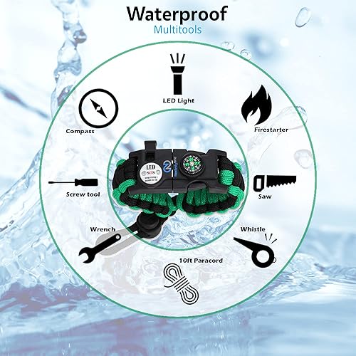 Miniatura 31 de Brazalete de supervivencia – Kit de equipo de emergencia táctico con luz LED SOS, cuchillo, 550 grados, ajustable, multiherramientas, iniciador