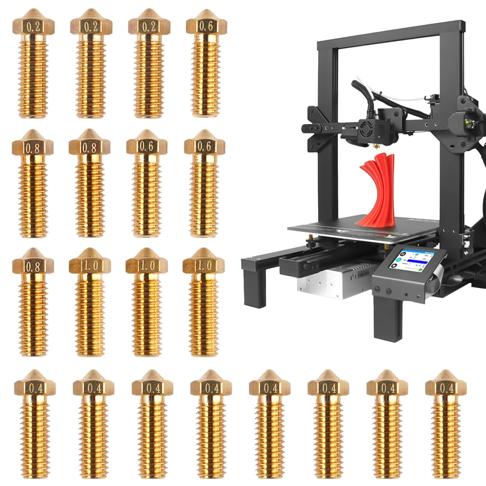 20 dysz mosiężnych, dysze mosiężne, dysze do drukarki 3D | do Anycubic Kobra 3, Kobra 3 Combo, Kobra S1, (8 x 0,4 mm + 3 x 0,2 mm + 3 x 0,6 mm + 3 x 0,6 mm + 3 x 0,8 mm + 3 x 1,0