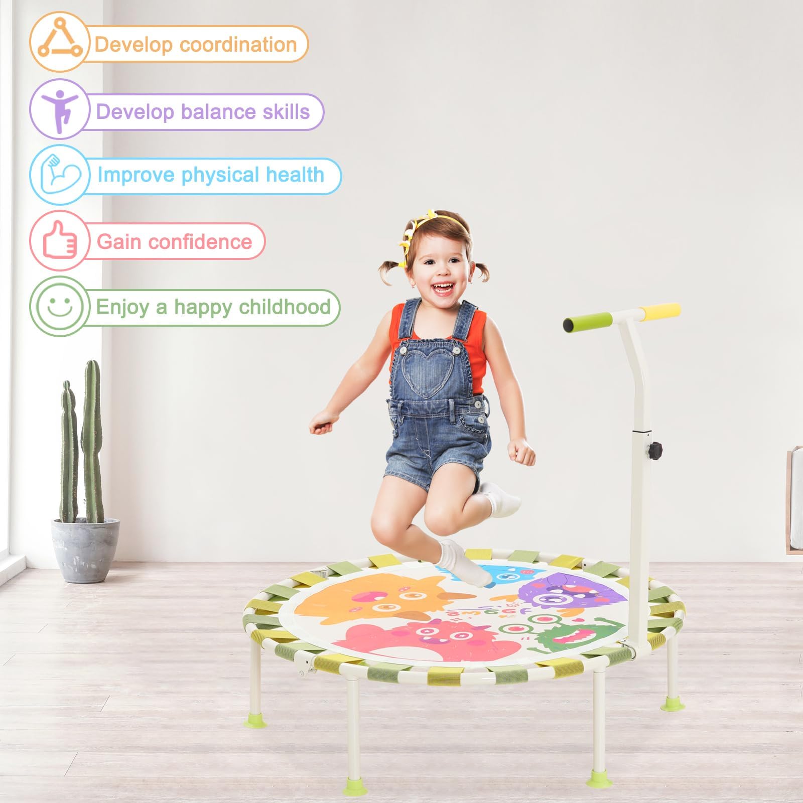 Trampolino per Bambini da Interno e Interni Ø101cm,Trampolino Elastico Fitness Pieghevole con Manico in Schiuma Regolabile in 3 Posizioni e Ventose Antiscivolo,Tappeto Elastico Bambini, Portata 80 kg