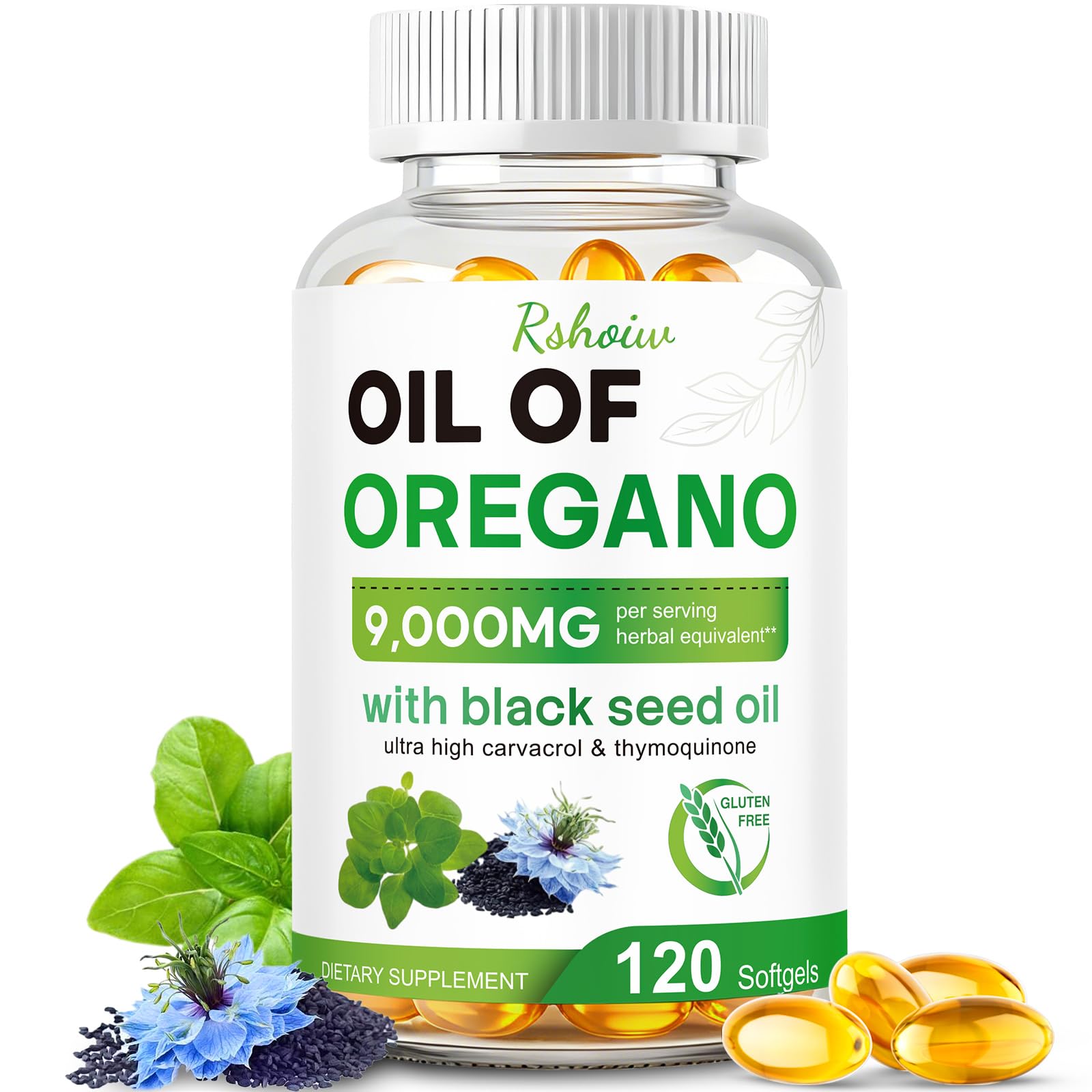 Rshoiw Suplemento Fitoterápico de Óleo de Orégano com Óleo de Semente Preta, 120 cápsulas softgel