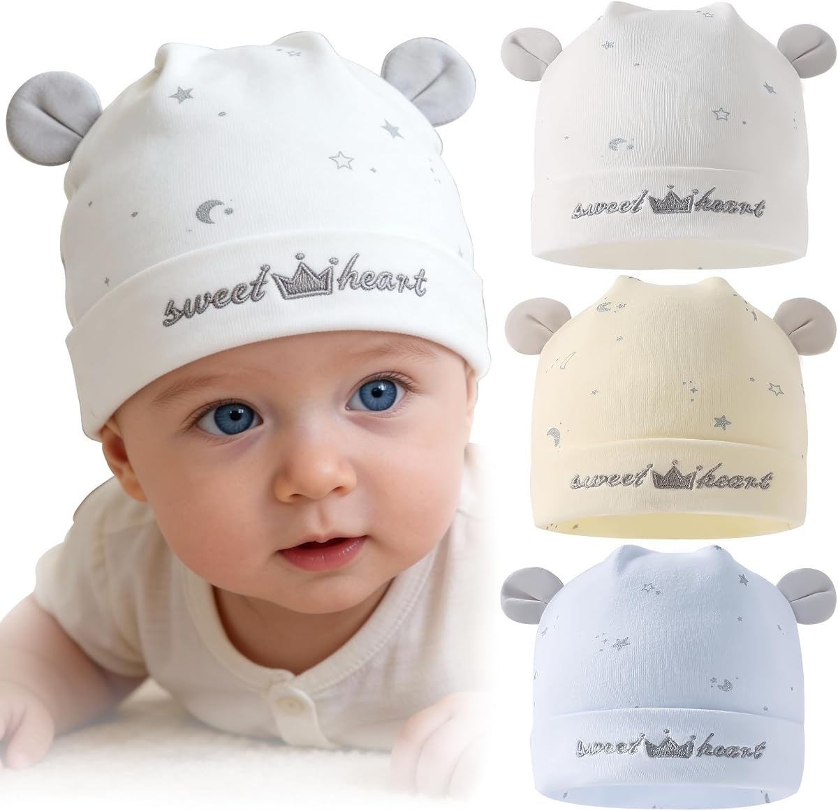 Paquete de 3 gorros para recién nacidos, gorros para bebés, unisex, niñas y niños de 0 a 12 meses, 95% algodón, suave