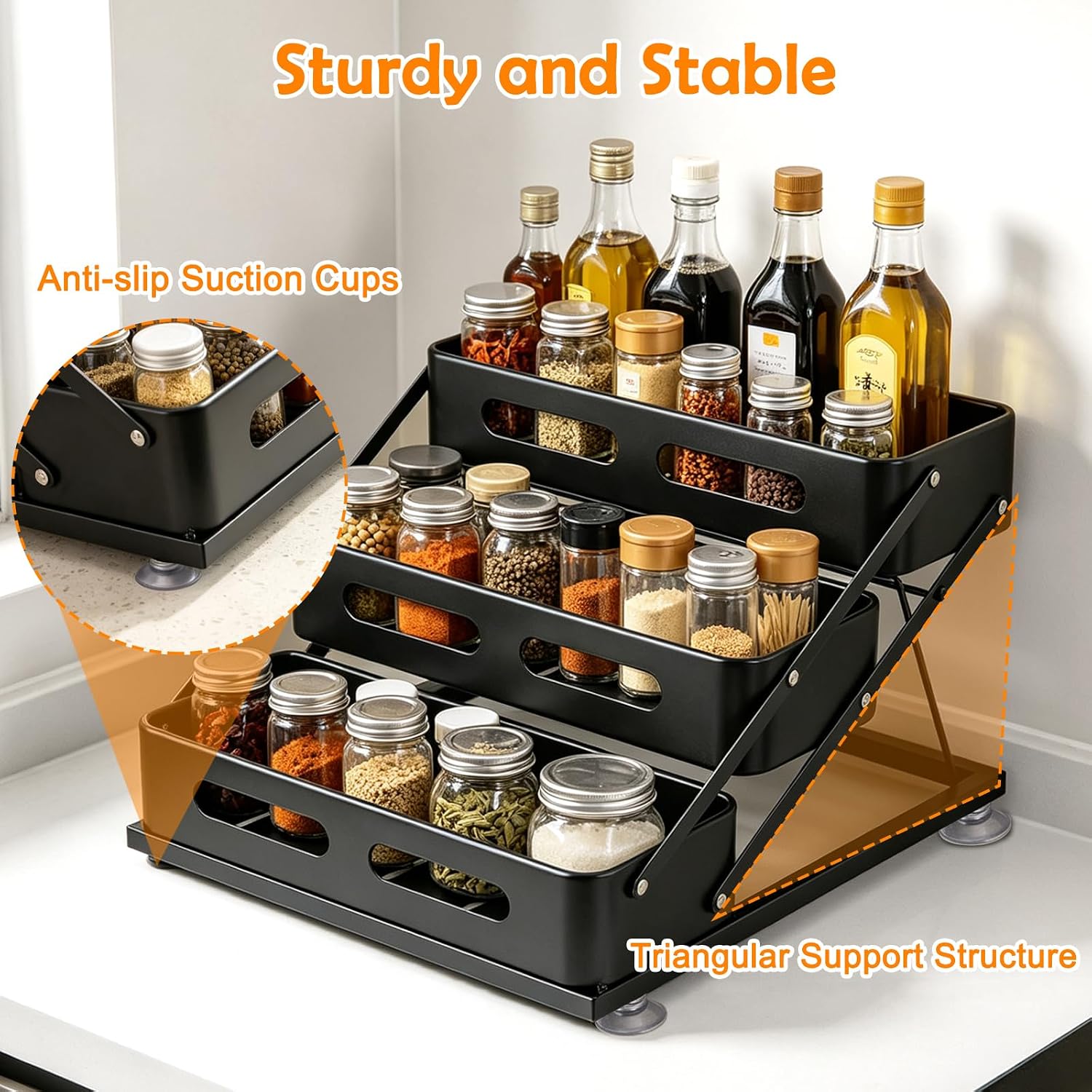 Spice Rack 3-Tier Foldable Seasoning Organizer For Countertop