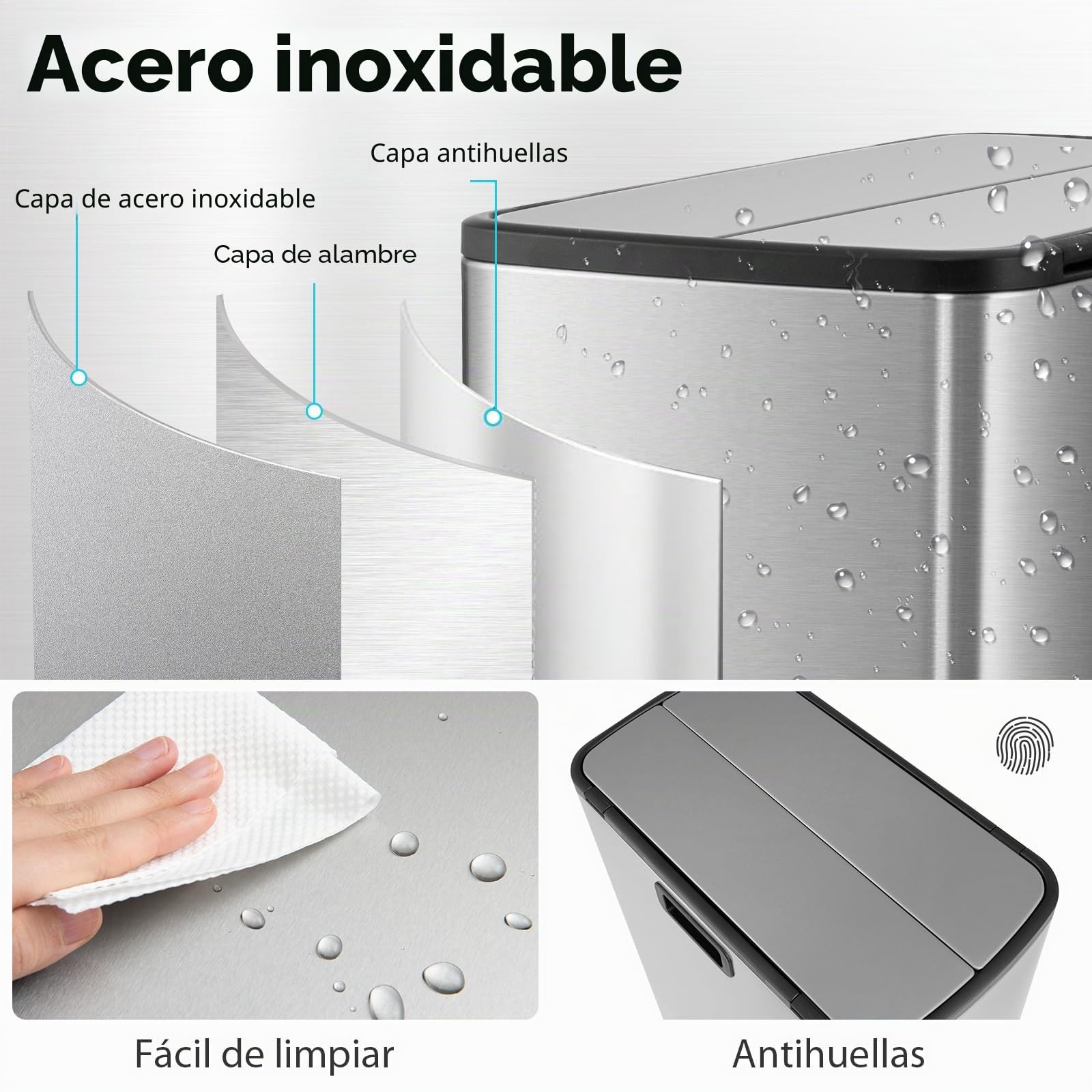 GIANTEX Cubo de Basura de Acero Inoxidable, Bote de Basura de 46 Litros, con 2 Tapas y Pedal, Cubo Interior Extraíble, 26 x 52 x 68 cm, Cubo de Basura para Cocina, Comedor, Inodoro