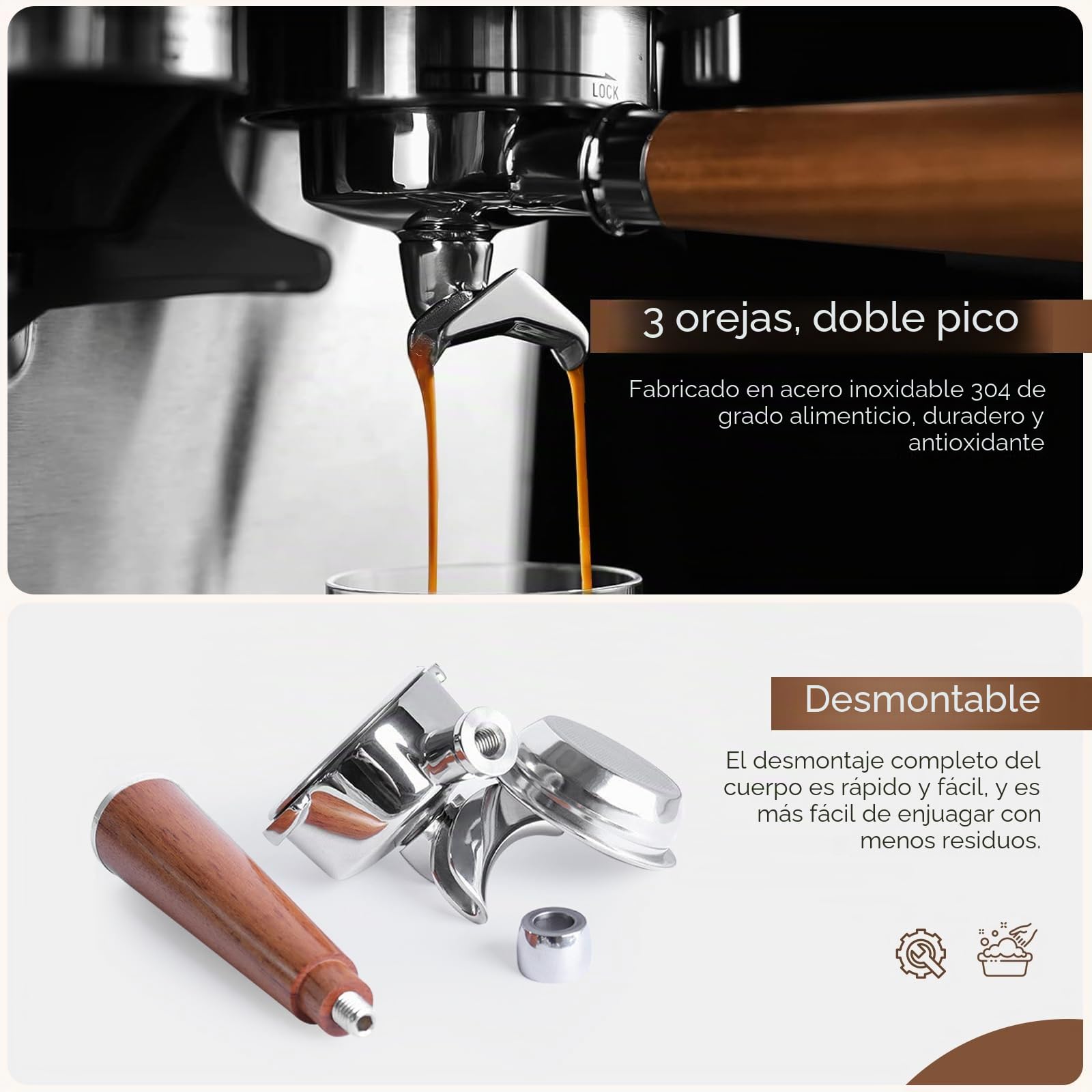 Portafiltro 51mm, Portafiltro 3 Orejas Doble Caño Compatible | con Delonghi Dedica EC680/EC685/EC785/EC820/EC850/EC860, Portafiltro de Acero Inoxidable