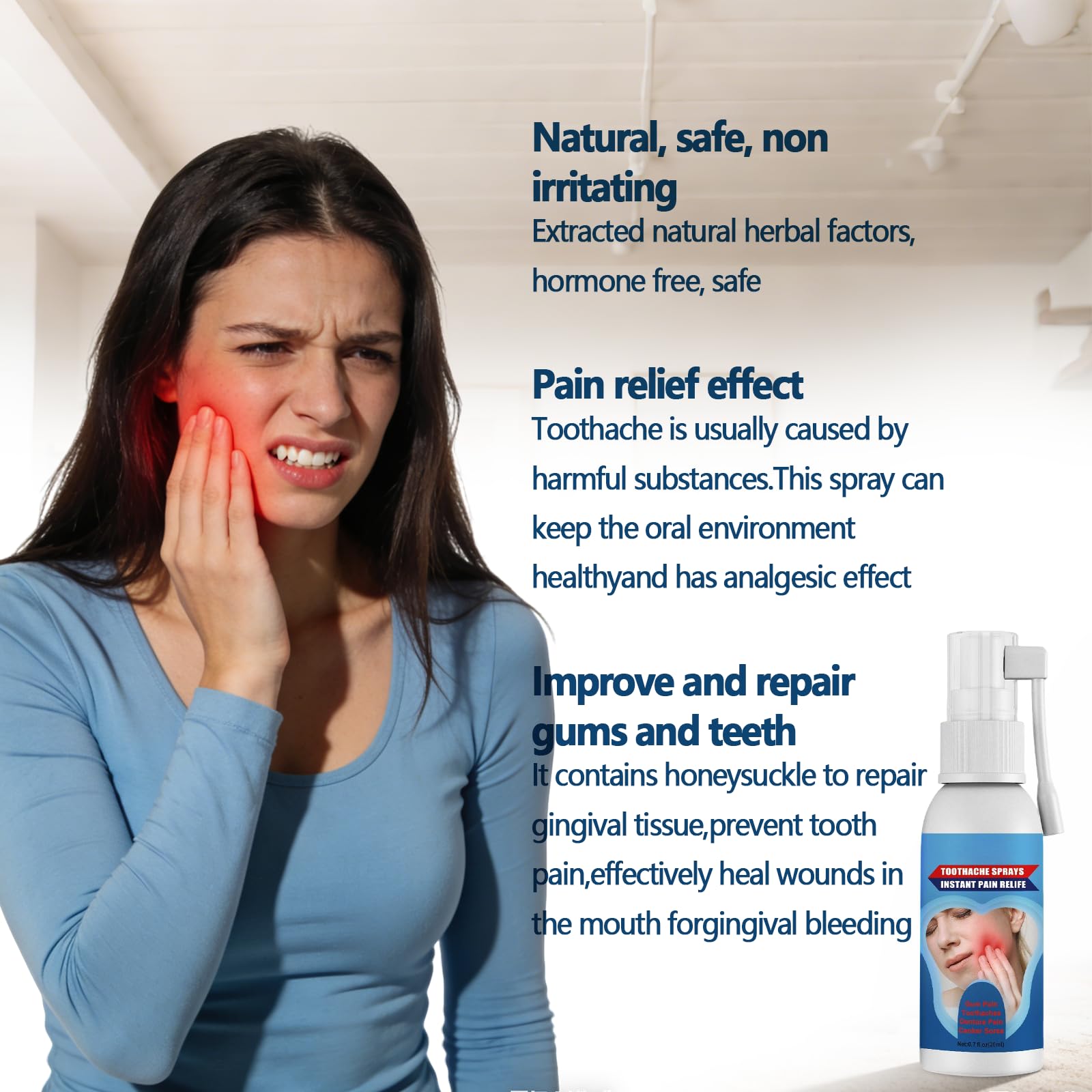 Toothache Relief Spray for Adults, Instant Pain Relief Oral Spray for Wisdom Teeth Inflammation, Swollen Gums, Canker Sores & Denture Pain, Anti-Inflammatory & Swelling Soothing Spray, 0.7 fl.oz/20ml. — view 5