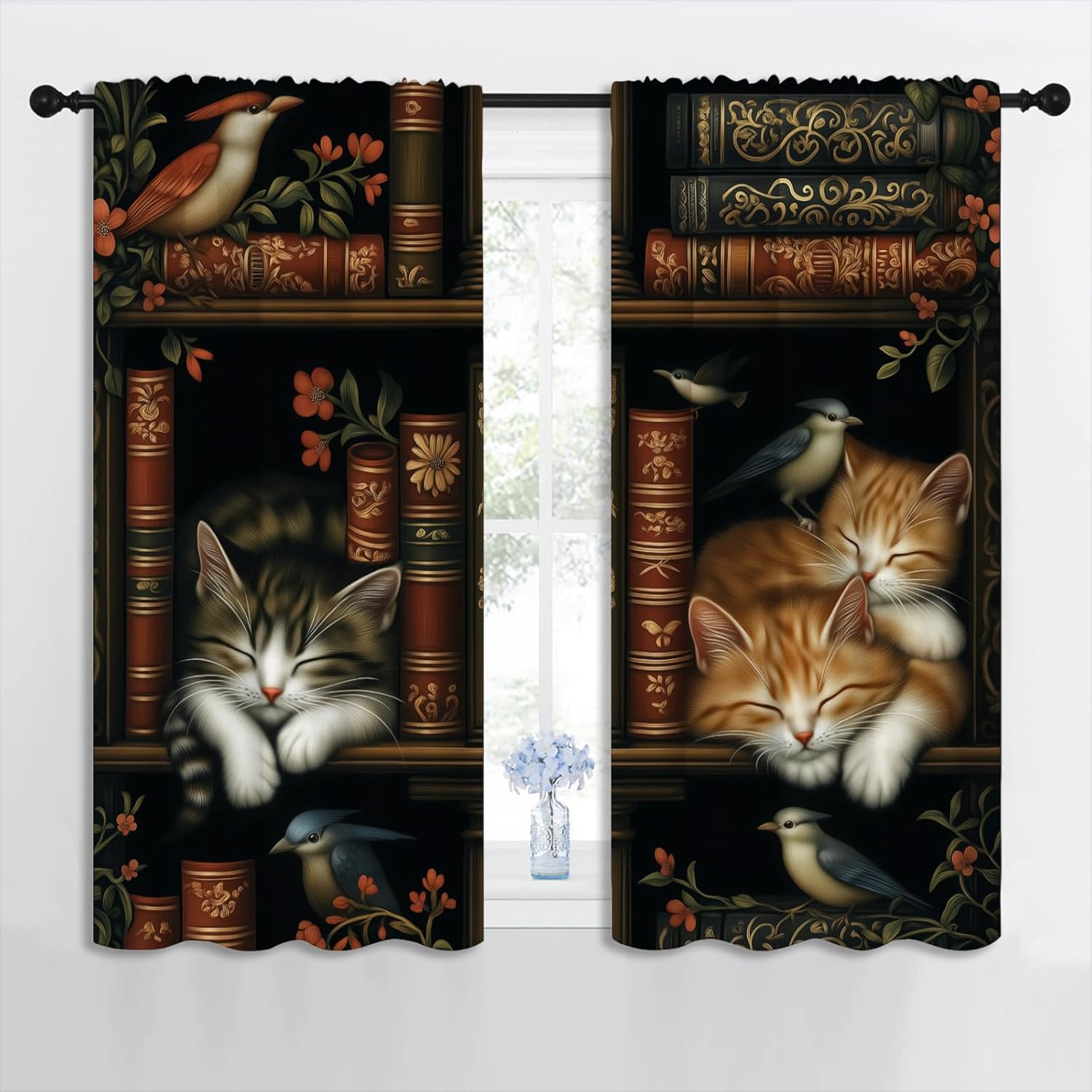 LHROOMJK Bookshelf Blackout Curtains for Boys Girl Bedroom Home Decor,Library Bookcase Book Cat Bird Floral Vintage Thermal Insulated Rod Pocket Darkening Living Room Window Drapes, 42 x 45 inch