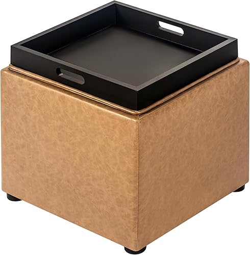 Miniatura 8 de Joveco Otomana Cuadrada de Almacenamiento con Bandeja, Pequeño Taburete de Reposapiés de Lino, Mesa de Centro para Dormitorio y Sala de Estar, Beige