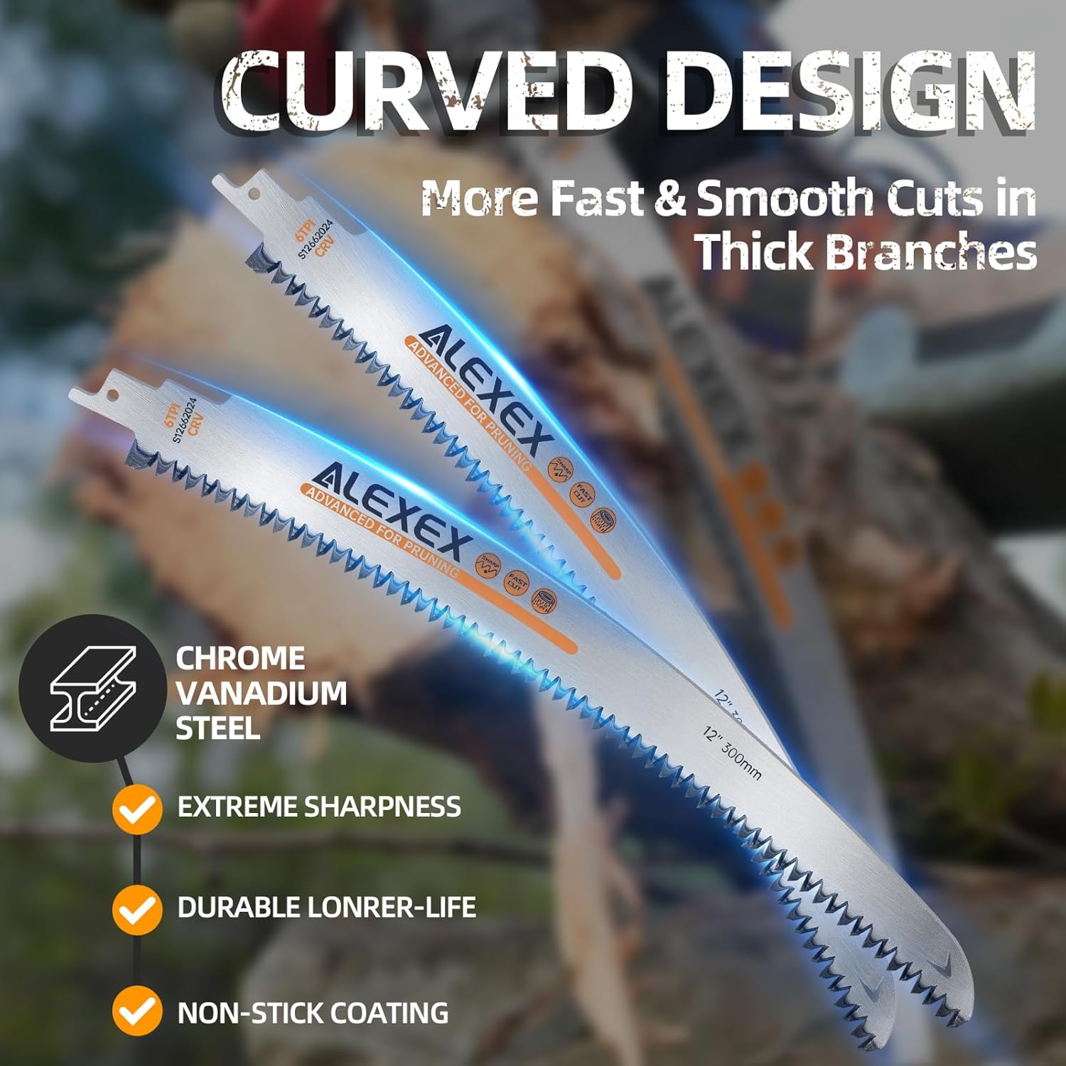 ALEXEX 6Pcs 12" Japanese Teeth Reciprocating Saw Blades for Wood Cutting and Tree Trimming, 6TPI Arc Curved Wood Sawzall Blades for PVC Pipe Cutting, Cr-V Sabre Sawzall Pruning Blades 12 Inch