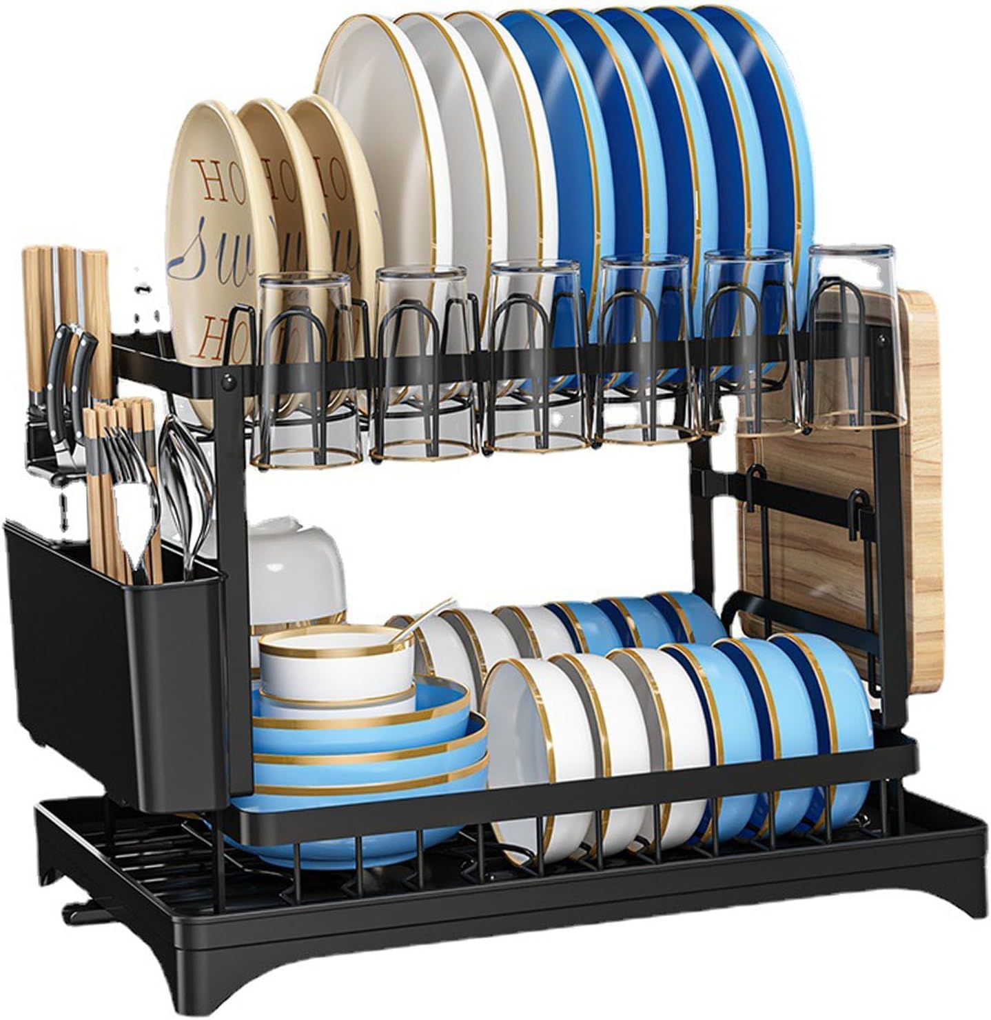 Dish Drying Rack, Aluminum 2 Tier Dish Rack Kitchen Drying Rack with Drainboard Utensil Holder for Kitchen Organization