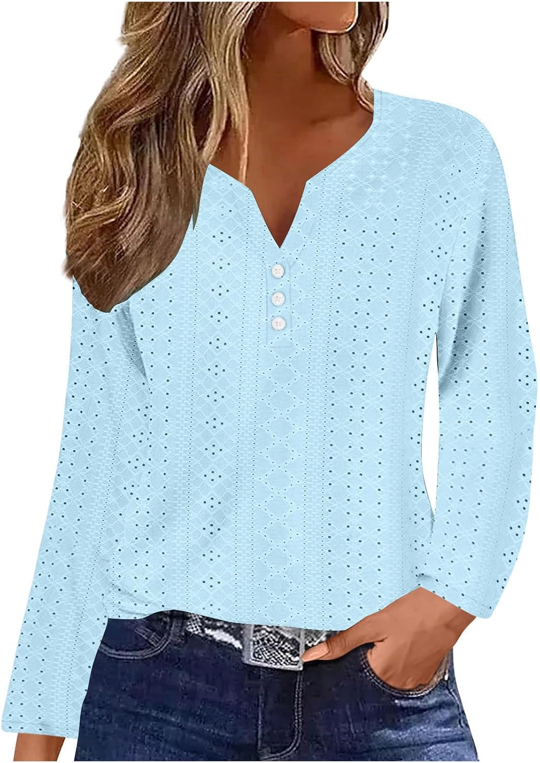 Womens Long Sleeve Eyelet Tops V Neck Fall T Shirts Casual Solid Color Loose Dressy Blouses Tees