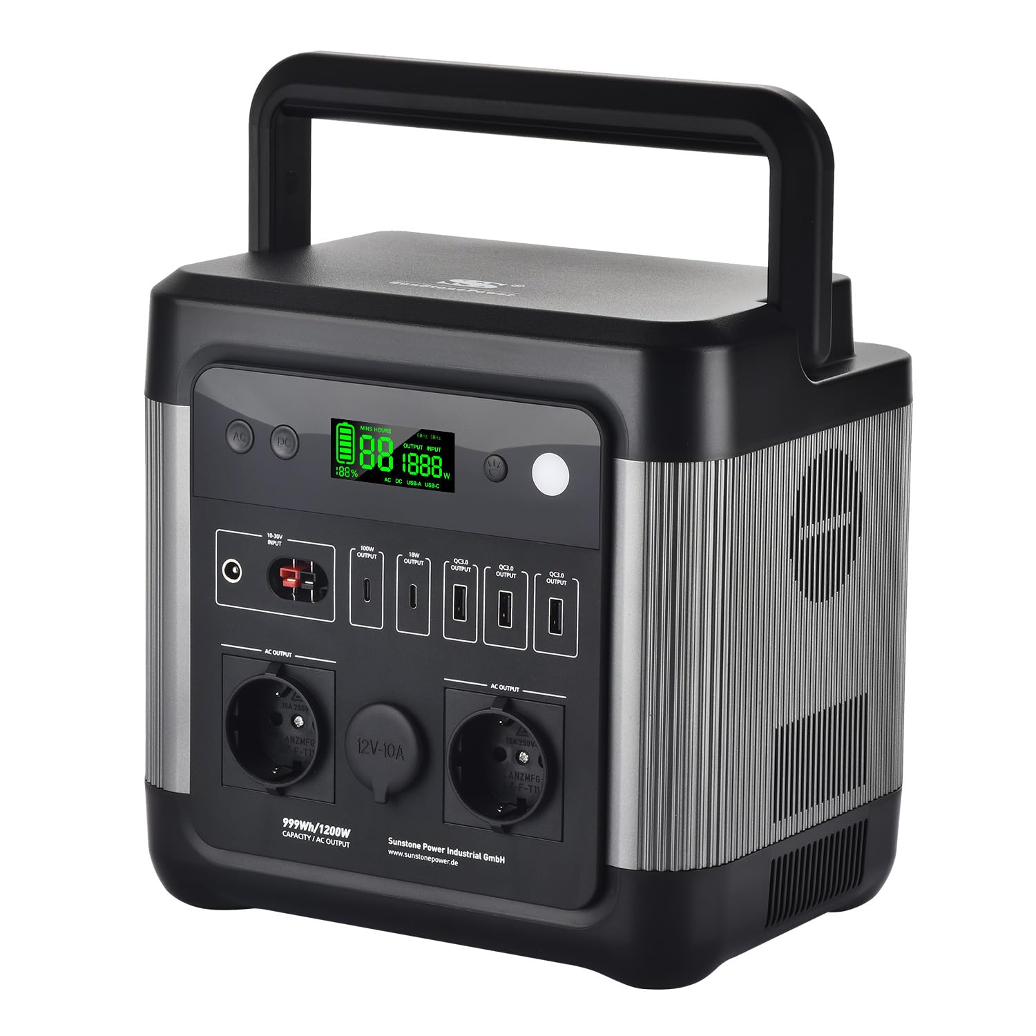 Sunstonepower 1200W Powerstation 999Wh Lithium Akku Mobiler Stromspeicher & Solar Generator mit 2 x 1200W AC-Steckdosen für Campingreisen, Garten, Balkon, Heimwerken und Notstromaggregat