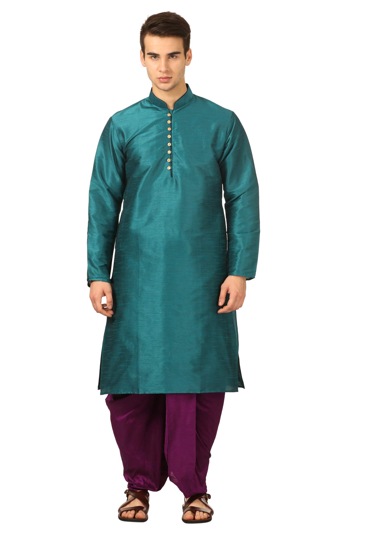 royal kurta Men's Regular Fit Silk Blend Dhoti Kurta Set (Green)-picture-31