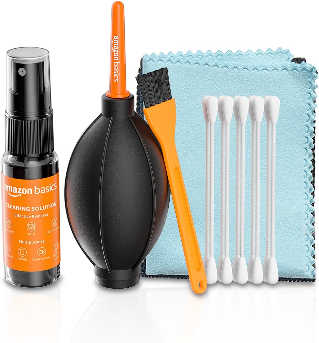 Amazon Basics Professional 6-in-1 Cleaning Kit for Laptops, Tablets, Smartphones, Cameras (Includes: Air Blower, Cotton Swabs, Suede + Plush Micro-Fiber Cloth, Cleaning Brush, Cleaning Solution)