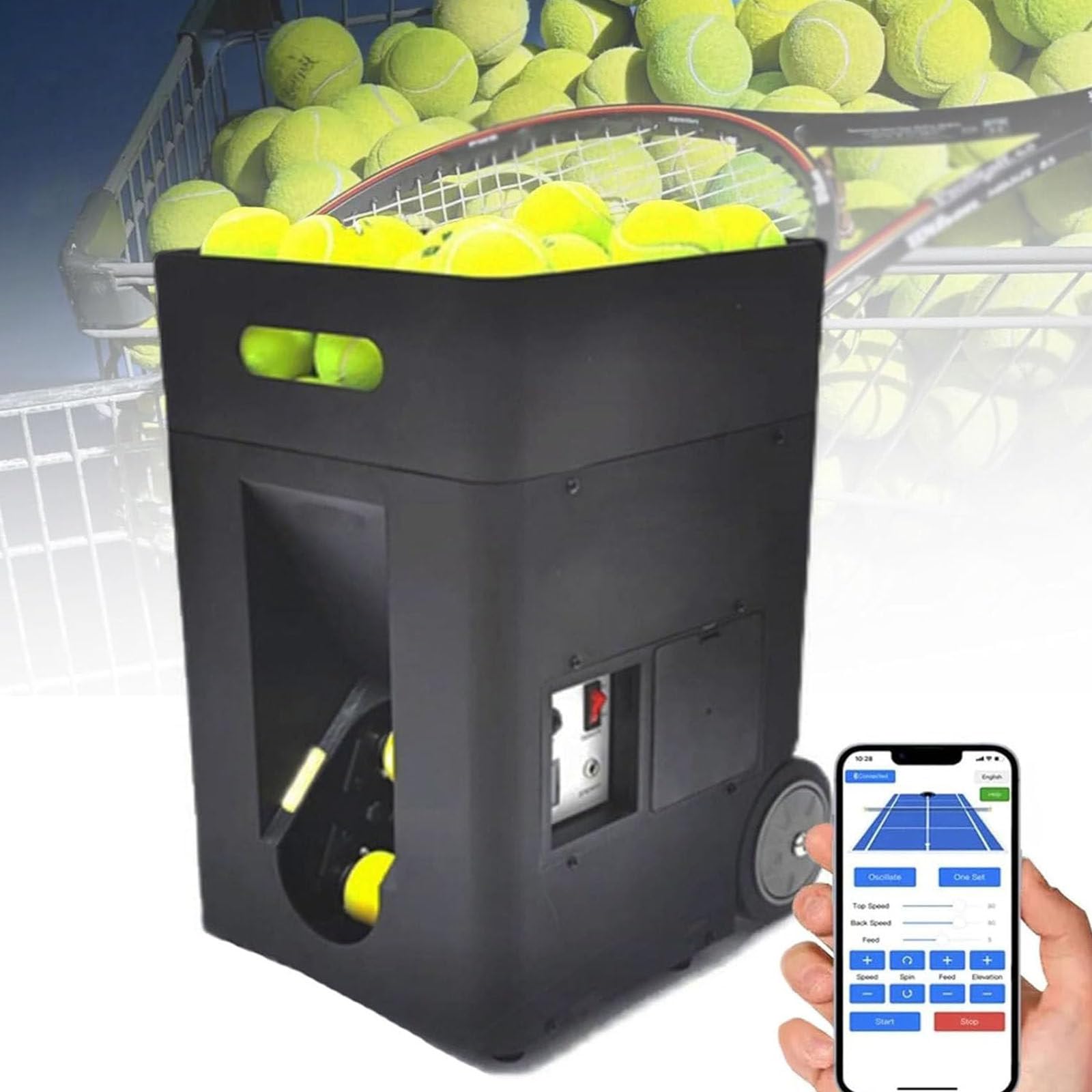 Máquina Portátil Pelotas Tenis,Lanzador Automático Pelotas Tenis, Máquina Pelotas Tenis 50 Bolas,Ejercicios Preprogramados Y Personalizados,Modo Entrenamiento