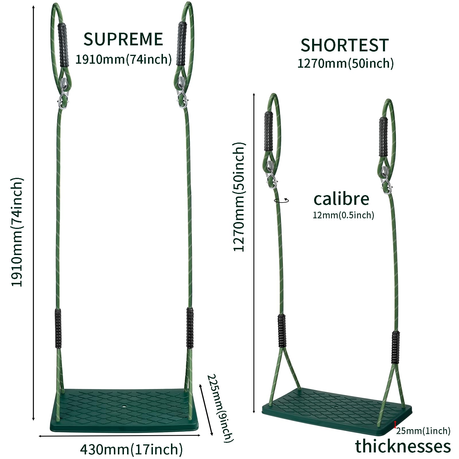 Altalena da giardino, per esterni, in gomma morbida, antiscivolo, con corda regolabile e 2 moschettoni, per interni ed esterni, giardini, altalena per adolescenti/adulti, verde, 270 kg