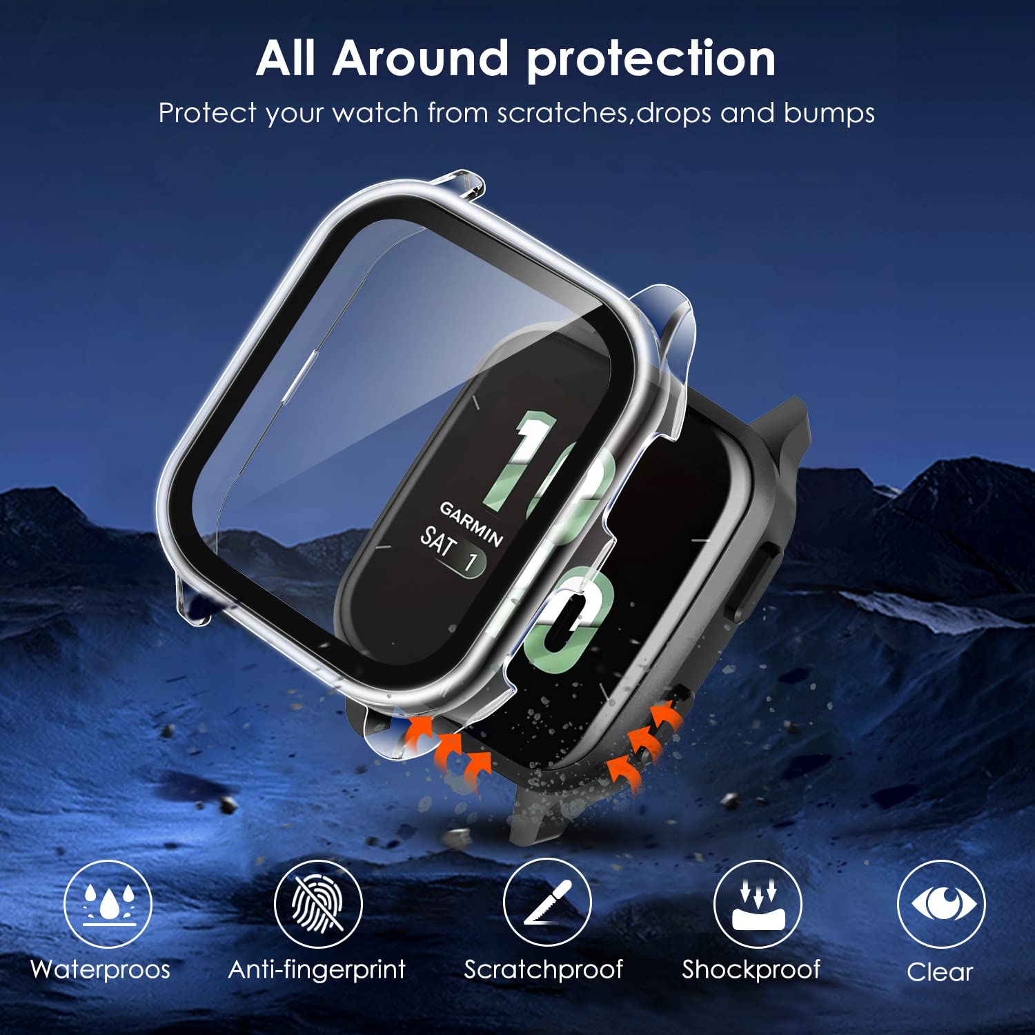 Cover Per Garmin Venu Sq (2 Pezzi) Custodia In TPU Con Protezione Schermo - Trasparente + Nero, Copertura Totale - 2