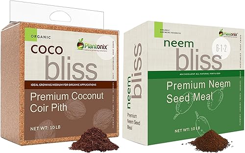 Miniatura 1 de Coco Bliss Coco Coir (10 libras) + Neem Bliss (10 libras)  Fertilizante orgánico de harina de semillas de neem  Ladrillos de coco con certificación