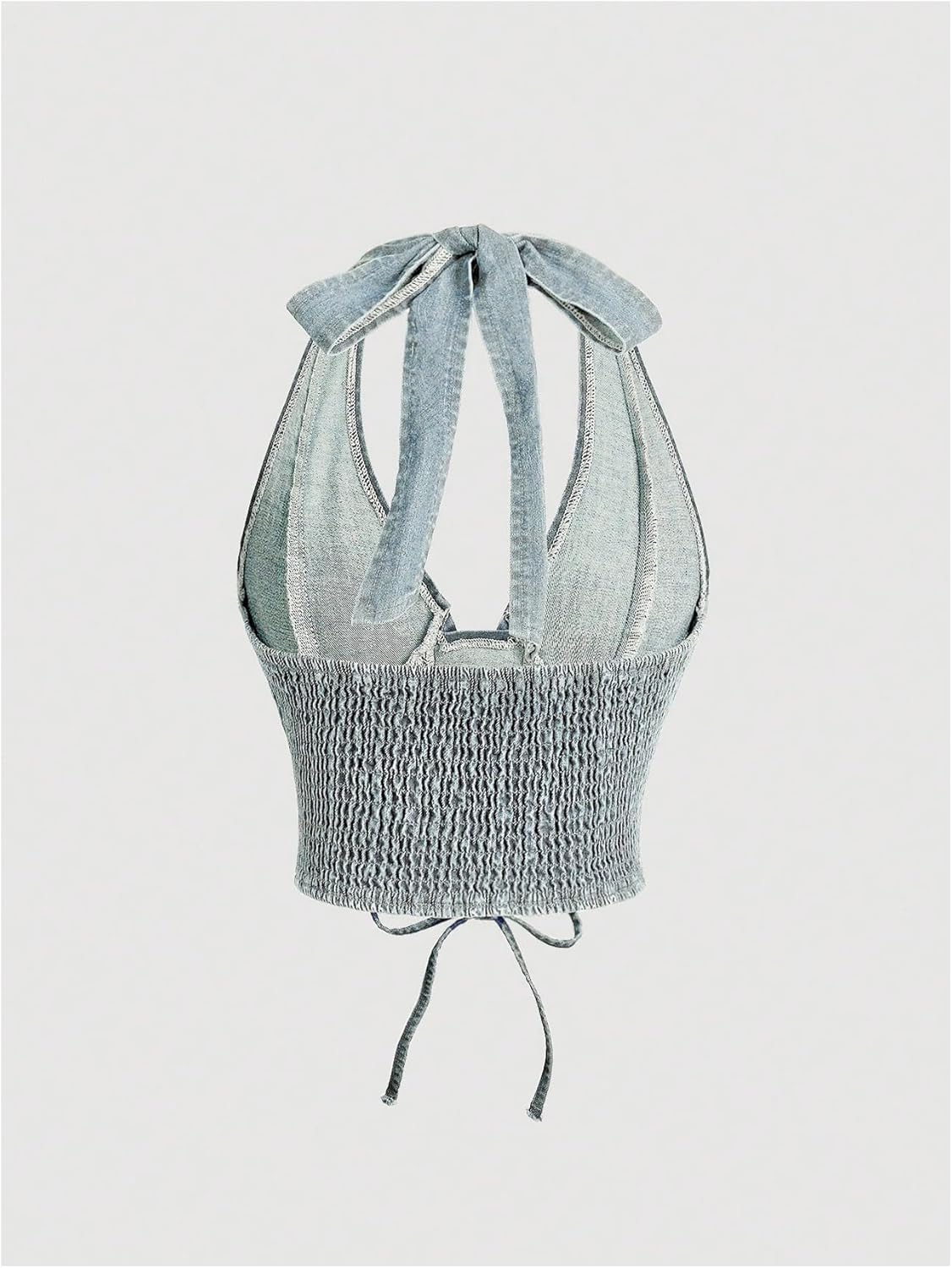 WDIRARA Women's Lace Up Front Denim Halter Tops Deep V Neck Tie Back Smocked Sleeveless Crop Top - Image 2