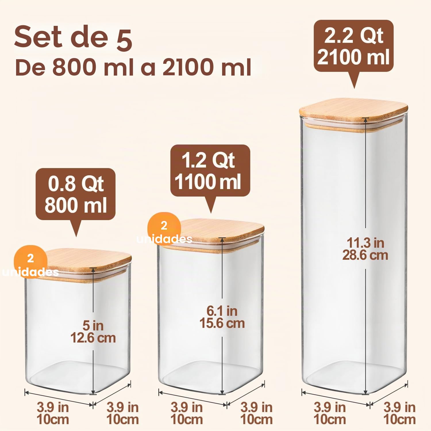 ComSaf Tarros de cristal con tapa 800–2100 ml, pack de 5 para cocina | Frascos de vidrio, Botes cocina almacenaje, Tapas de bambú, Cereales de desayuno, Premios para mascotas, Arena decorativa