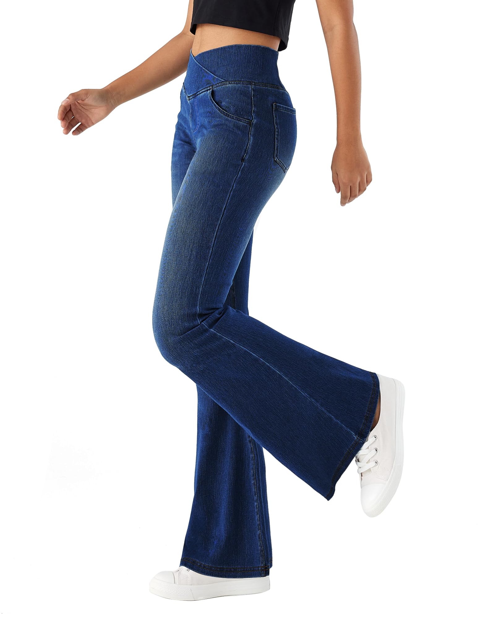 LaiEr Damen V Crossover Hohe Taille Bauchkontrolle Casual Fitness Skinny Yoga Hosen, Faux Denim Print Frauen Bootcut Yoga Hosen, ausgestellte Fitness Hosen mit Seitentaschen