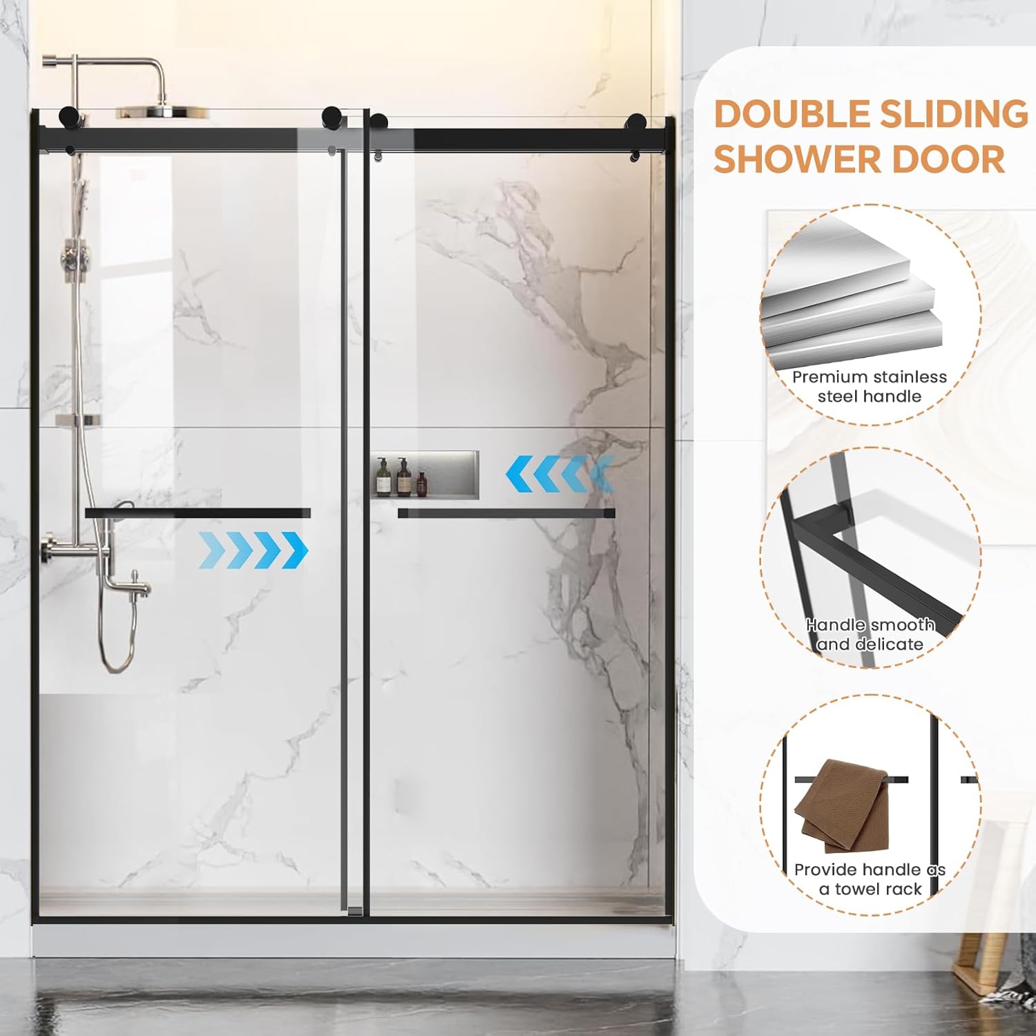 Frameless Shower Door, 56-60 in W x 76 in H, Soft-Close Double Sliding Shower Door, 5/16" (8mm) Clear Tempered Glass with Double Rollers, Matte Black