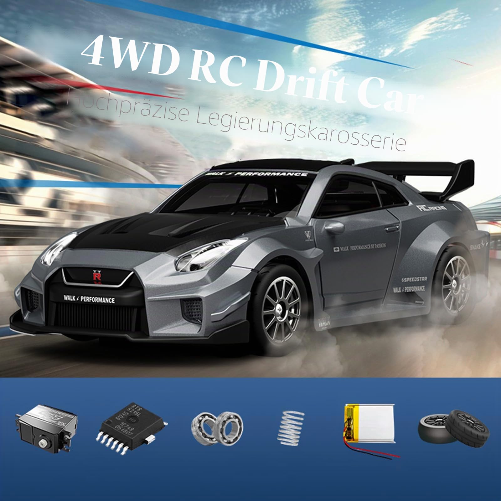 ARRIS RC-Drift-Car im Maßstab 1:43, Mini-911-RC-Modellauto, 2,4 GHz, 4WD, RC-Fahrzeug aus Aluminium mit Gyroskop für LED-Beleuchtung, Hobby-Spielzeug für Erwachsene (blau)