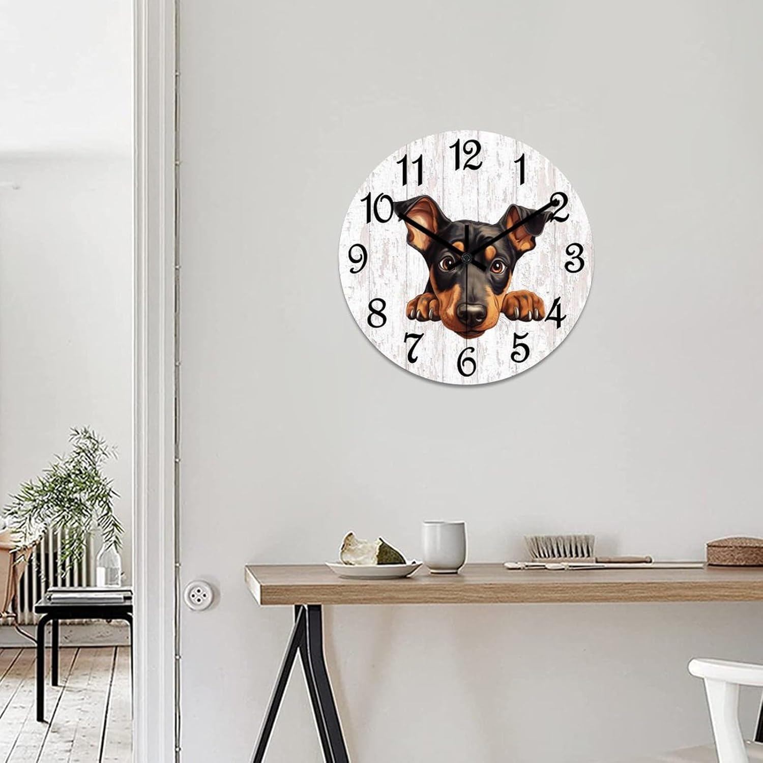 Doberman Pinscher Wooden Wall Clock Puppy Doggy Quiet Digital Round Wall Clock Wood Clock Stylish Wall Decor Home Decor Clock for Dining Room Farmhouse