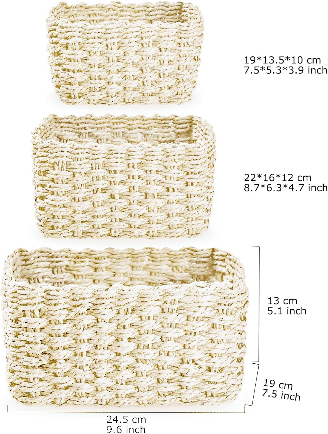 Set 3 Cestini Intrecciati Beige | Portaoggetti Per Bagno, Camera, Cucina | Organizer In Tessuto Con Fodera - Foto 12