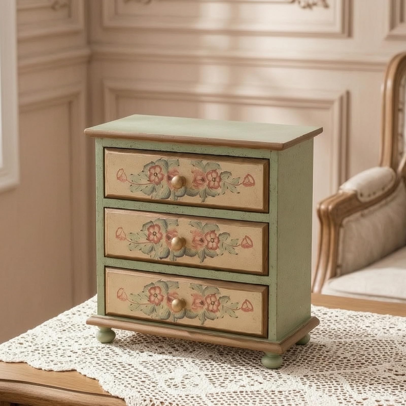 Mini Cassettiera da Tavolo Shabby Chic Cassettiera con Scomparti Dipinto a Mano Organizzatore con Scomparti per Appassionati di Cucito