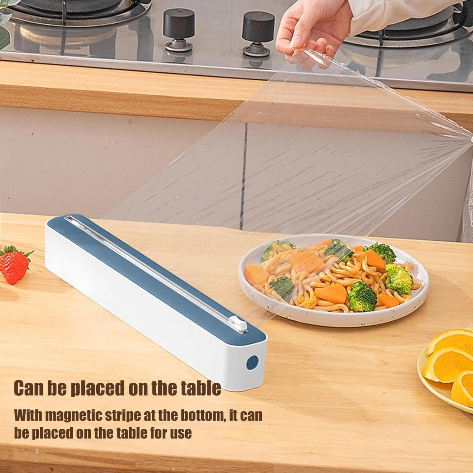 Distributeur Film Alimentaire | Rangement Papier Alu Et Film Alimentaire | Distributeur De Film Plastique avec Cutter | Distributeur Papier Aluminium | Dérouleur Film Alimentaire pour Cuisine (Bleu)