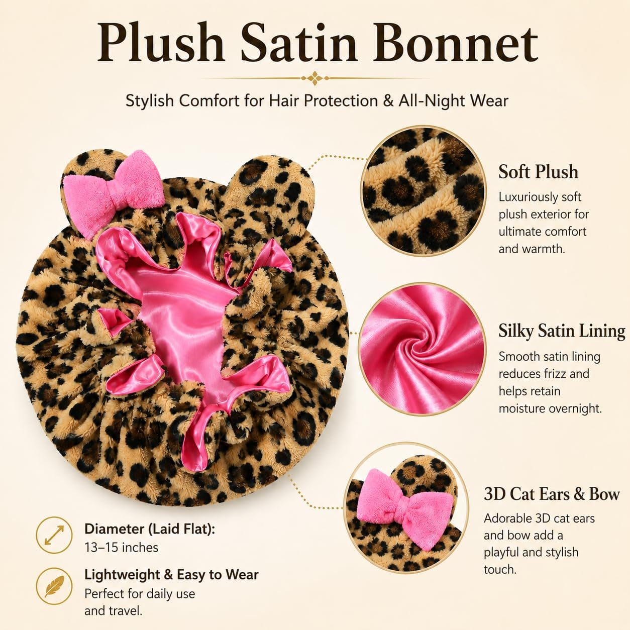 Satin Bonnet Hair Cap with Plush Trim, Cat Ears & Bow for Women