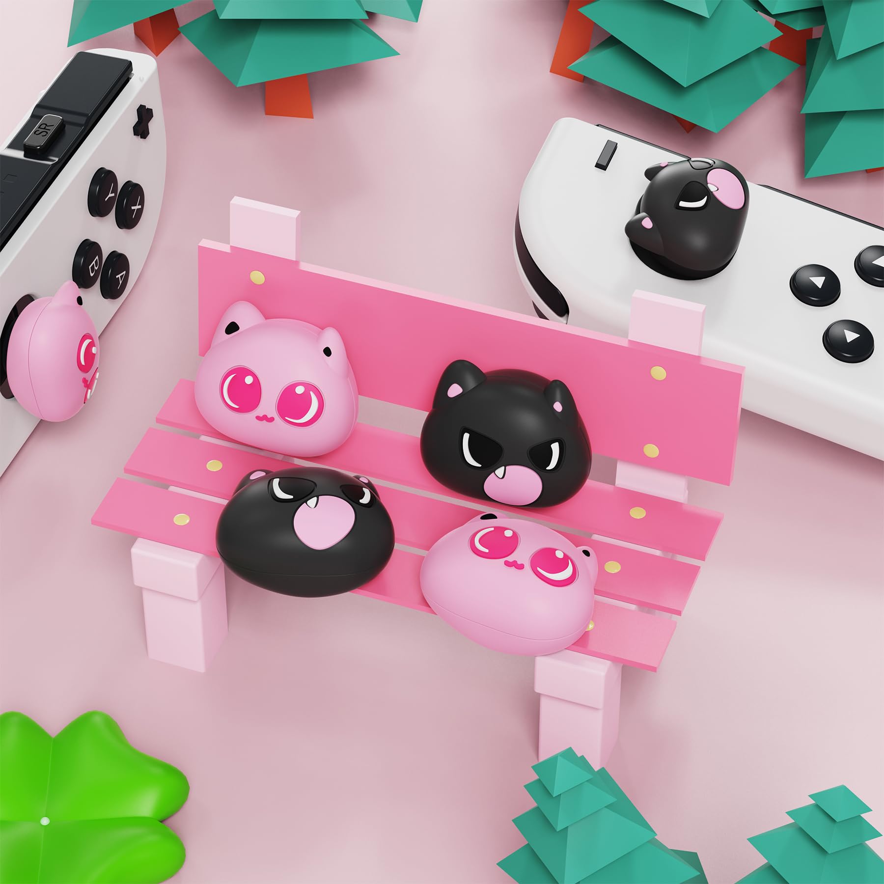 PlayVital Tapas de Joystick para Nintendo Switch - Tapones para Pulgares, Cubiertas de Thumbstick Compatibles con Switch Lite y OLED, Comodidad Mejorada, Protección Total (Gatito PP & VV)