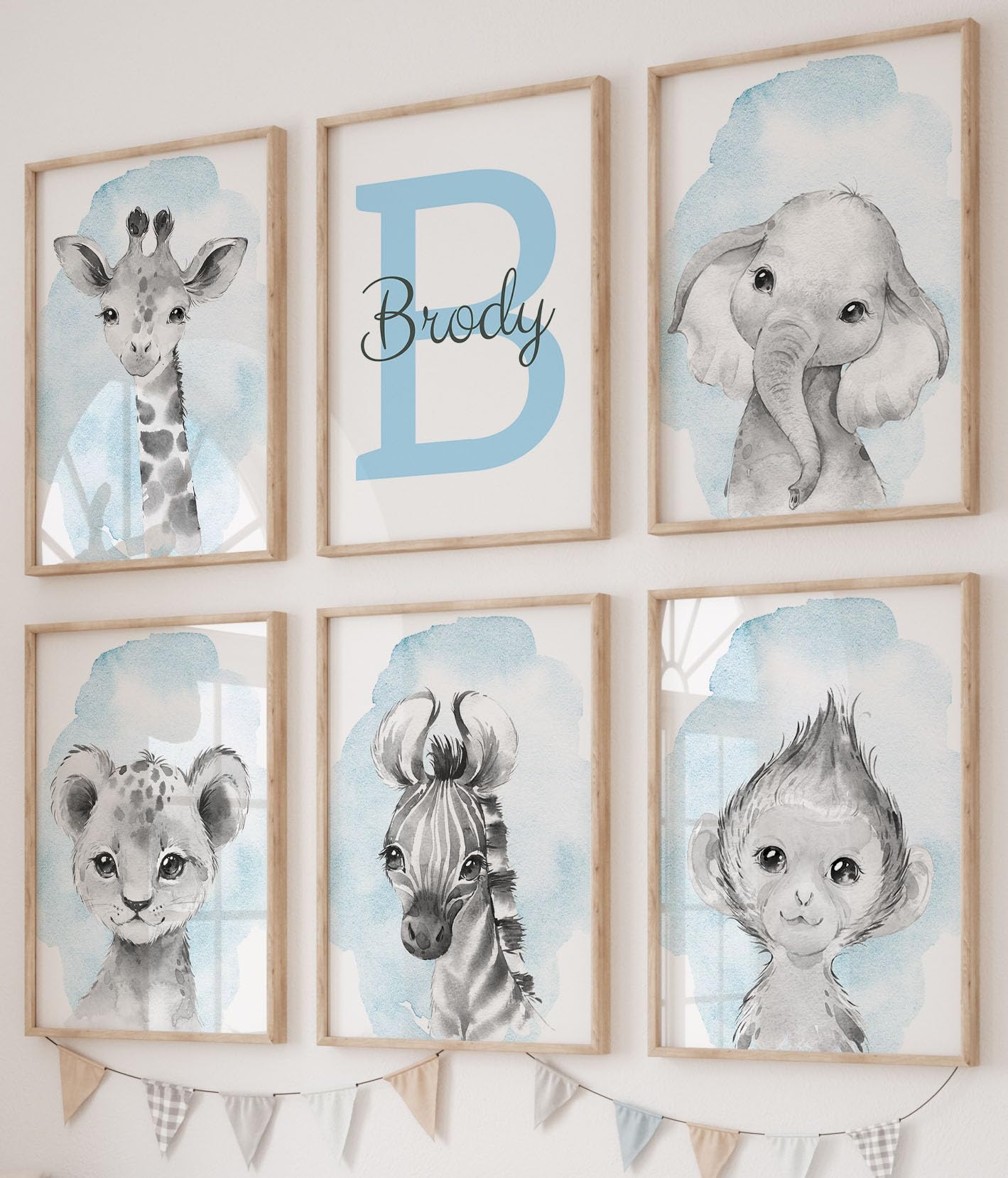 Eviepops Prints Safari Animals Boys Nursery Bedroom Prints Set of 6, Personalised Name Unframed Watercolour Splash Wall Art Decor Gift Present in Grey Blue Yellow Green (A3)