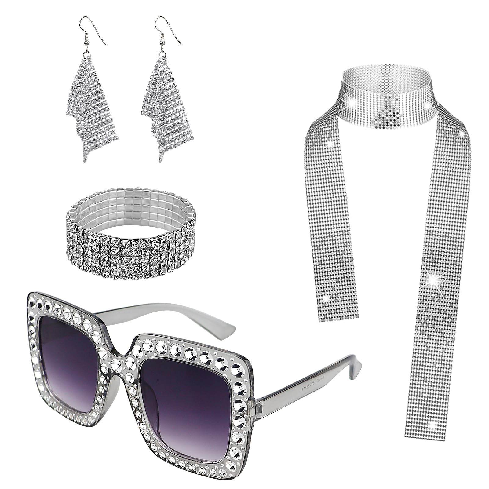 REBECASKYENS 4 PCS Disco Masquerade Suits For Women Retro 70s 80s Theme Party Hippie Outfits, Silver