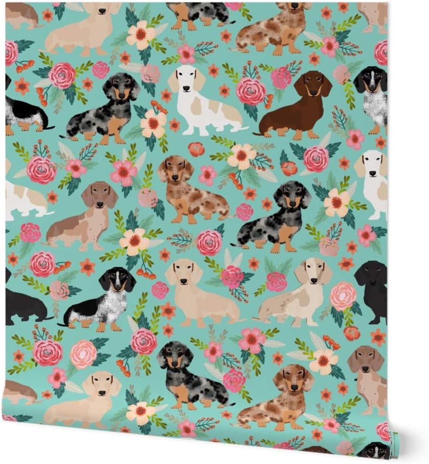Peel & Stick Wallpaper 3ft x 2ft - Dachshunds Florals Cute Dogs Best Vintage Flowers Dachshund Floral Watercolor Animal Inspired Kid Custom Removable Wallpaper by Spoonflower