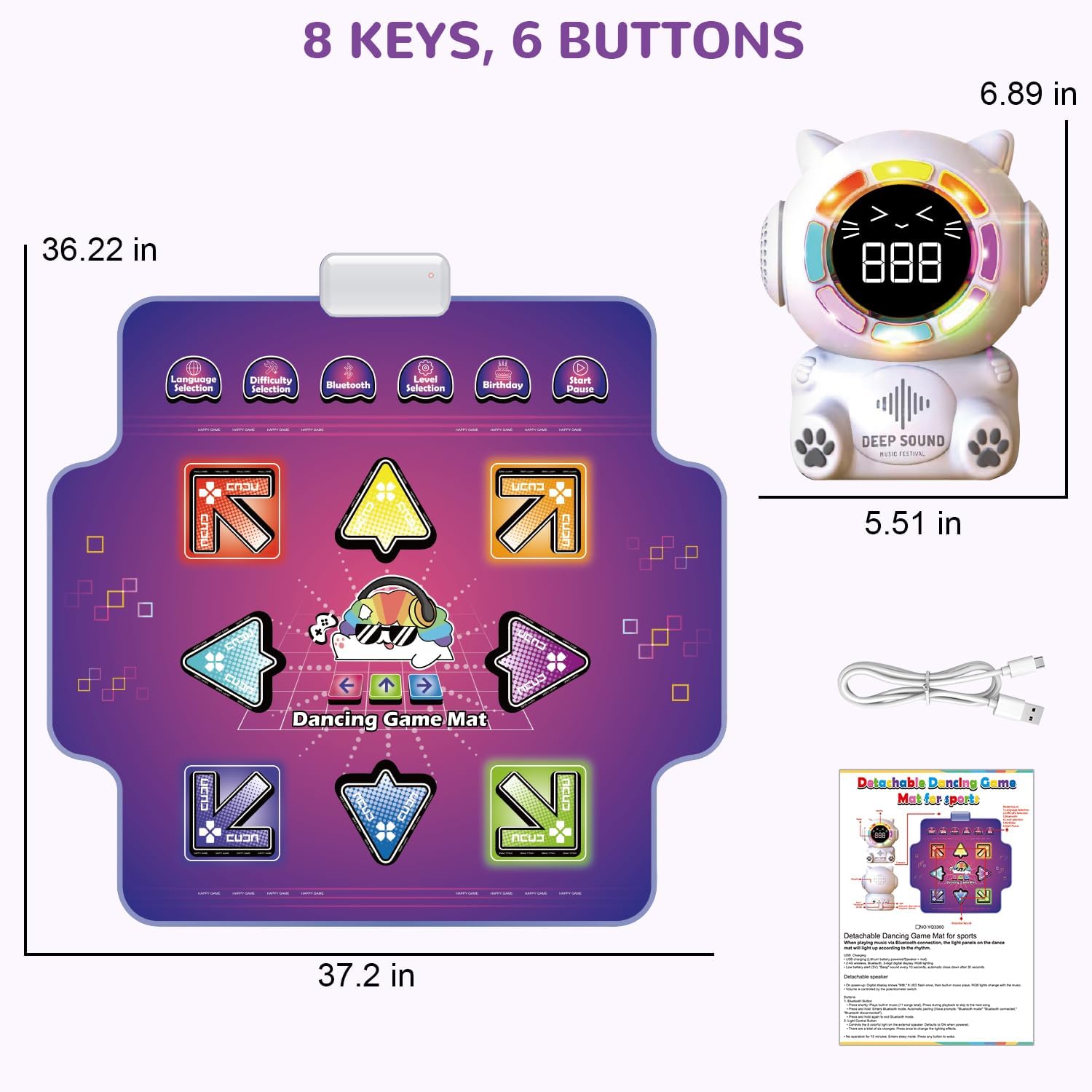 Mostop Dance Mat for Kids - Rechargeable Electronic Dance Pad with 8 Light-Up Keys & Cordless Bluetooth, Dancing Game Mat with 5 Game Modes, Girls Toys Music Games for Kids Ages 3-12 - Image 5