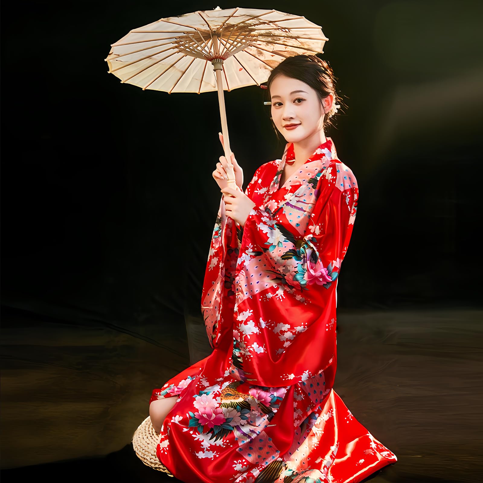 5 Piezas Kimono Set Tradicional Japonés para Mujer, Kimono Largo con Estampado de Pavo y Cinturón para Fotografía y Cosplay