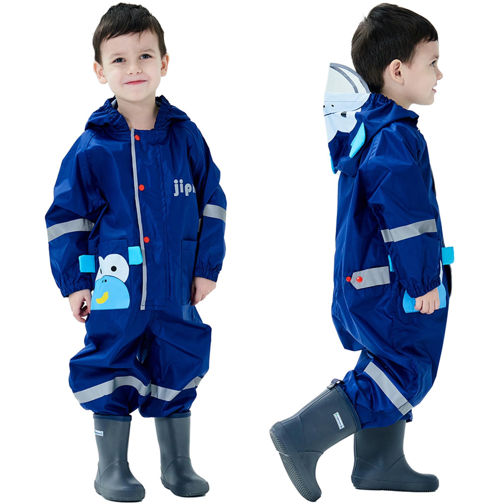 Combinaison de Pluie Enfant, Imperméable Garçon Fille Manteau de Pluie Veste à Capuche Poncho Léger Animal Imprimé Rayure Réfléchissante Outdoor Imperméables 1-10 Ans