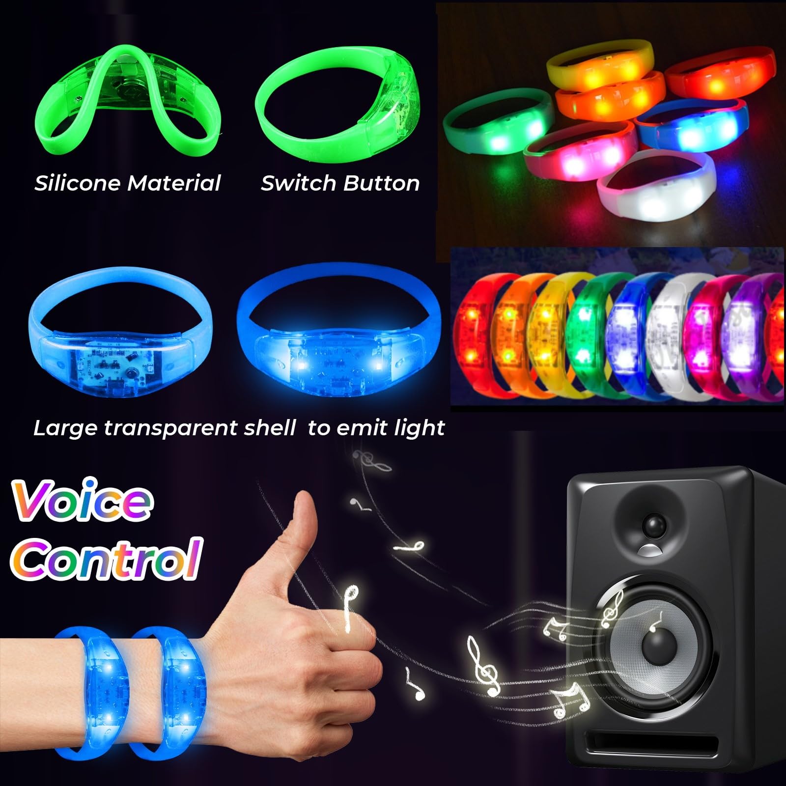 Lot de 24 bracelets lumineux clignotants activés par le son - Contrôle de la musique - Bracelets phosphorescents pour récompenses de jeux de rave, carnaval, concerts, événements nocturnes