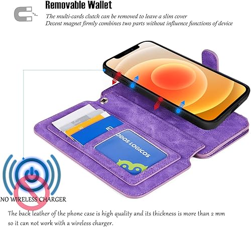 Miniatura 2 de MODOS LOGICOS Compatible con iPhone 12 Mini, cartera desmontable, almacenamiento en efectivo con cremallera, hasta 14 ranuras para tarjetas, 1