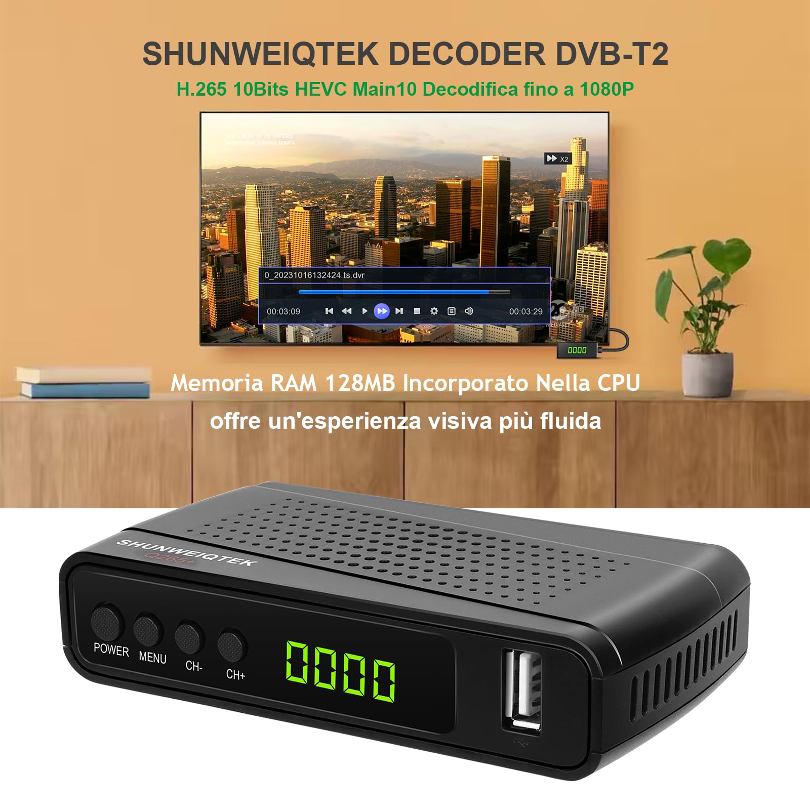 Decoder Digitale Terrestre 2025, H265 HEVC 10Bit Decodifica Fino a 1080P e 128MB RAM Offre Visiva Più Fluida, SHUNWEIQTEK Mini Decoder DVB-T2 Sintonizzazione Automatica, LCN USB PVR Telecomando 2in1